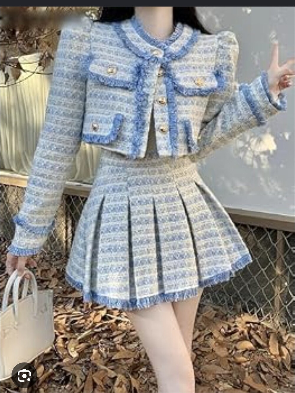 Blue Tweed Pleated Mini Skirt - Elegant Women's Skirt